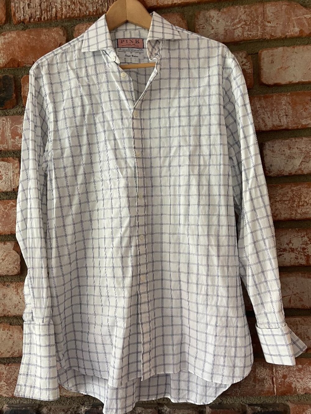 Thomas Pink Finest Cotton White Navy Windowpane Dress Shirt Size 15